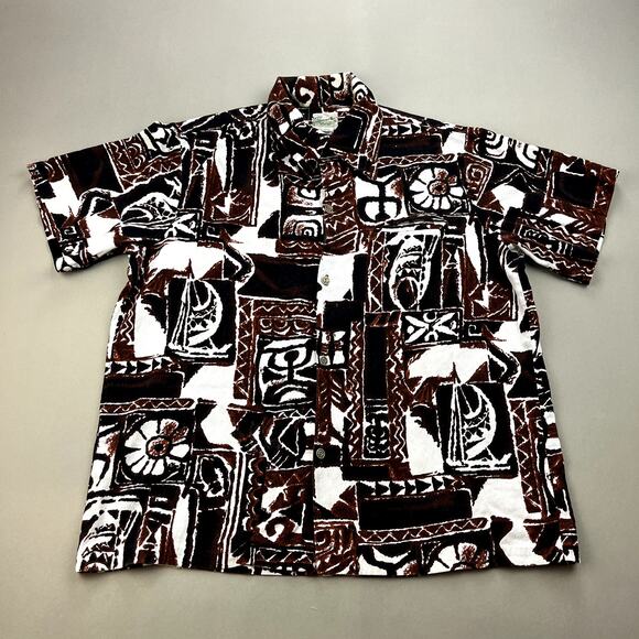 Vintage Diamond Head Hawaiian Shirt Adult XL Brown Surf Beach Tribal Button 60s - Picture 1 of 10